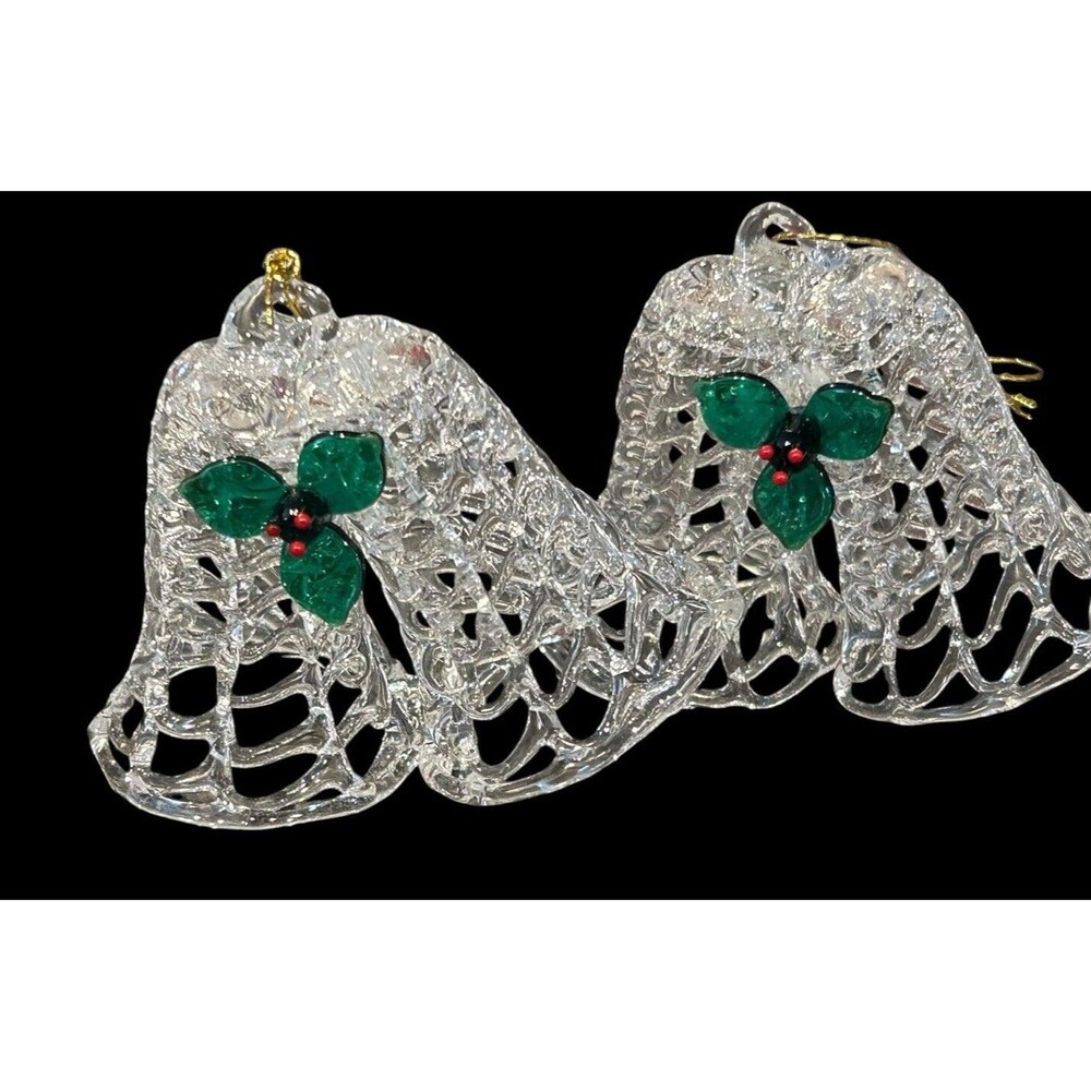 SET OF 2 CHRISTMAS AROUND THE WORLD SPUN GLASS‎ ORNAMENTS BELLS W/ HOLLY